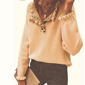 Vintage Inspired Long Sleeve Ruffle Button Neutral Gold Pullover Knit Sweater M